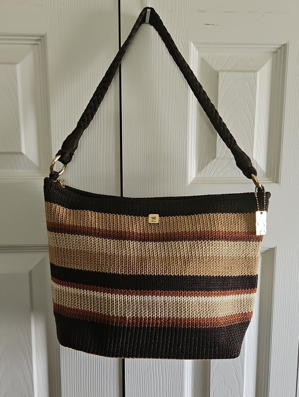 SALE! Lina Crochet Striped Knit Shoulder Bag in Brown, Tan and Cream